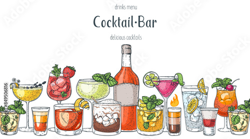 Alcoholic cocktails frame. Hand drawn vector illustration. Cocktails sketch set. Engraved style.