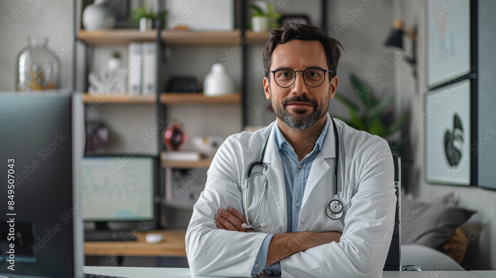 Virtual doctor visit on a computer screen in a home office, with medical notes and a professional setup, significant space for text Virtual doctor visit on a computer screen in a home office, with medical notes and a professional setup, significant space for text