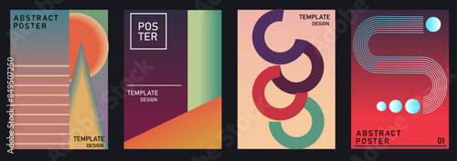 Abstract gradient poster background vector set. Minimalist style cover template with vibrant perspective 3d geometric prism shapes collection. Ideal design for social media, cover, banner, flyer.