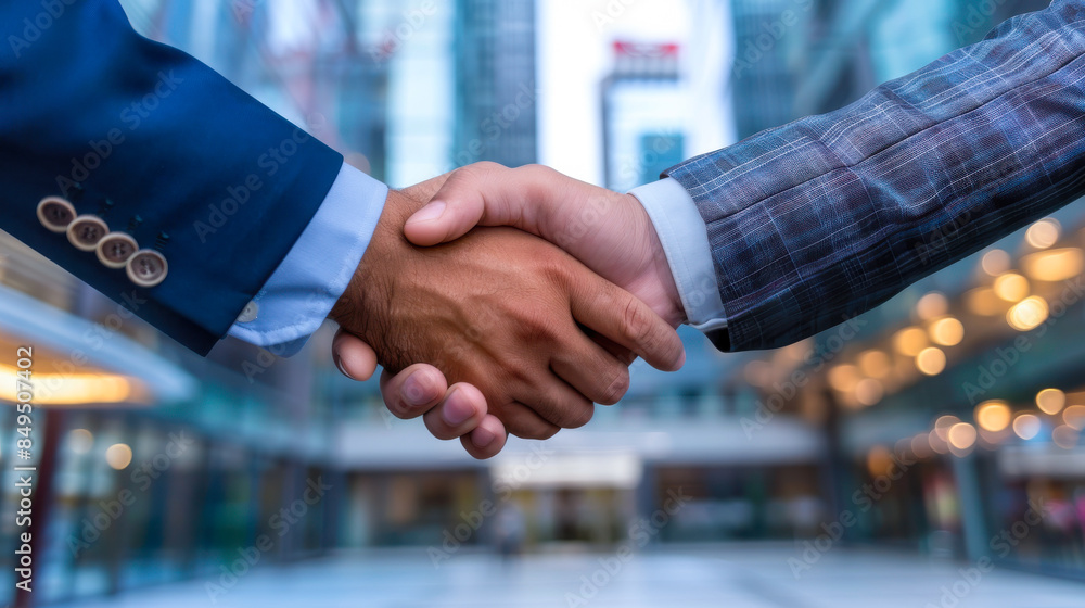 Handshake in Modern Corporate Environment. Close-up of two hands shaking in front of a modern corporate building, representing business agreement, partnership, and cooperation. Handshake in Modern Corporate Environment. Close-up of two hands shaking in front of a modern corporate building, representing business agreement, partnership, and cooperation.