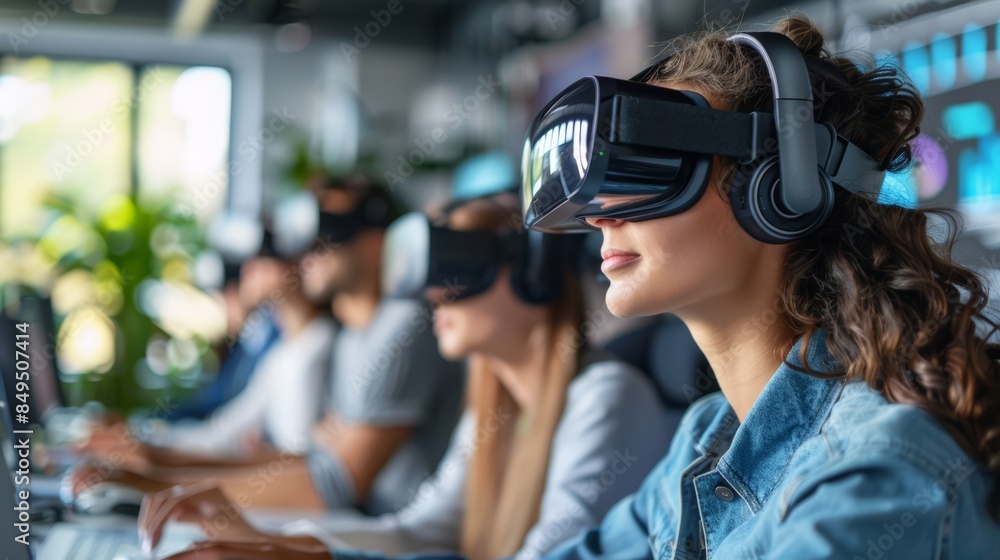 team of young marketers in a sleek, tech-savvy office using virtual reality and real-time data visualization to brainstorm and plan campaigns team of young marketers in a sleek, tech-savvy office using virtual reality and real-time data visualization to brainstorm and plan campaigns