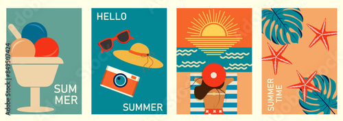 Set of retro summer posters. Cocktail, ice cream, tequila sunrise, tropic leaves and girl on the beach. Summer holidays, journey, vacation illustrations. Template for banner, cover, card. 