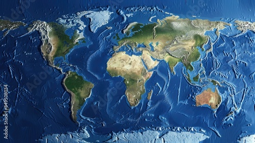 Fototapeta Naklejka Na Ścianę i Meble -  Satellite map of the world in Eckert III projection repositioned to center of North American tectonic plate