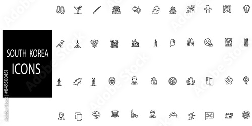South korea simple concept 44 icons set. Icons such as ginseng, bibimbap, surgery, cherry, , fan, tokbokki, gong vector thin line icons for web design, mobile app.Vector illustration.