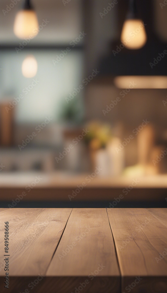 Empty wooden table top with lights bokeh on blur kitchen background High quality photo Empty wooden table top with lights bokeh on blur kitchen background High quality photo