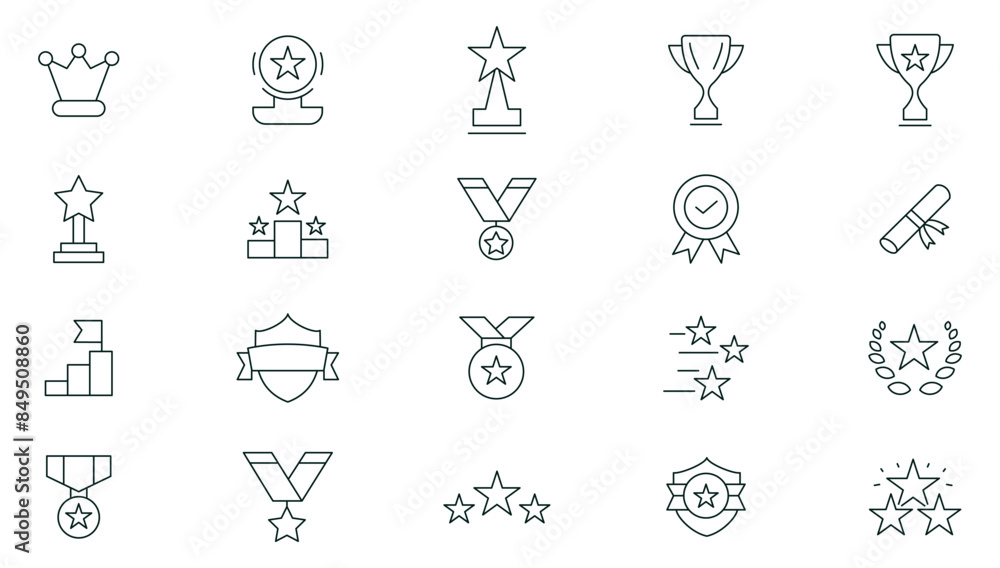 Awards line icons set. Reward, bonus, loyalty, star, winner, benefit, trophy cup, medal, champion, awards and bonuses outline icon collection. Thin outline icons pack.