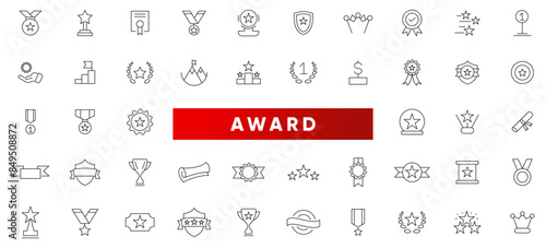 Awards line icons set. Reward, bonus, loyalty, star, winner, benefit, trophy cup, medal, champion, awards and bonuses outline icon collection. Thin outline icons pack.