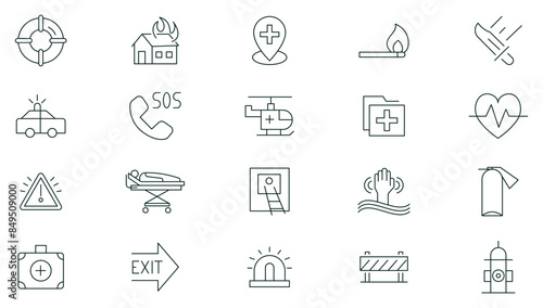 Emergency line icon set. Warning, protection, urgent, containing siren, press, ambulance, emergency call, accidents, rescue, emergency exit, emergency, rescue services icon collection.
