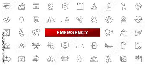 Emergency line icon set. Warning, protection, urgent, containing siren, press, ambulance, emergency call, accidents, rescue, emergency exit, emergency, rescue services icon collection.
