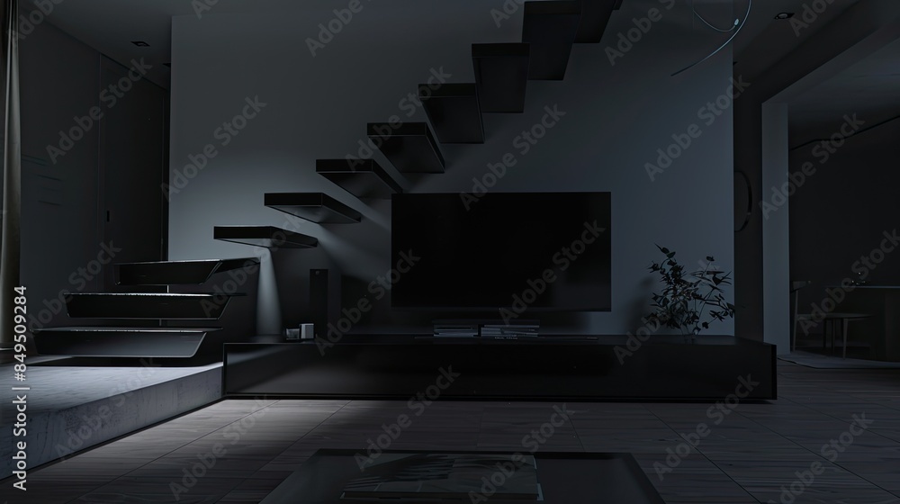 a modern living room at night with a sleek black TV screen on a shelf, creating a captivating mockup for the design and presentation of a sophisticated home media center or entertainment system. a modern living room at night with a sleek black TV screen on a shelf, creating a captivating mockup for the design and presentation of a sophisticated home media center or entertainment system.