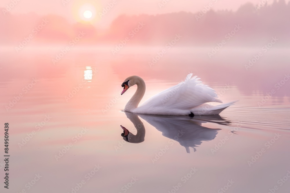Obraz premium Graceful Dawn: Serene Swan Gliding on a Misty Lake at Sunrise