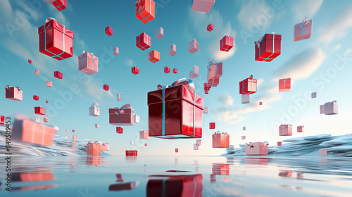 generated illustration of . Festive holiday gift boxes against blue background