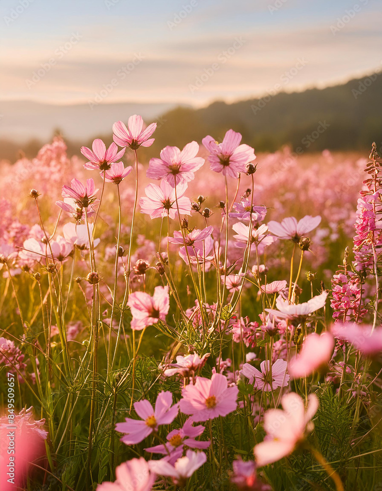 Obraz premium Field of pink spring or summer flowers with soft blurred background. Beautiful nature.