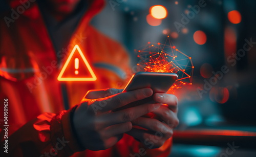 System warning caution sign on smartphone, scam virus attack on firewall for notification error and maintenance. Network security vulnerability, data breach, illegal connection and information danger. photo