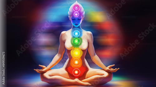 A female body sitting in a yoga pose called Sukhasana with the seven chakras shown on her body