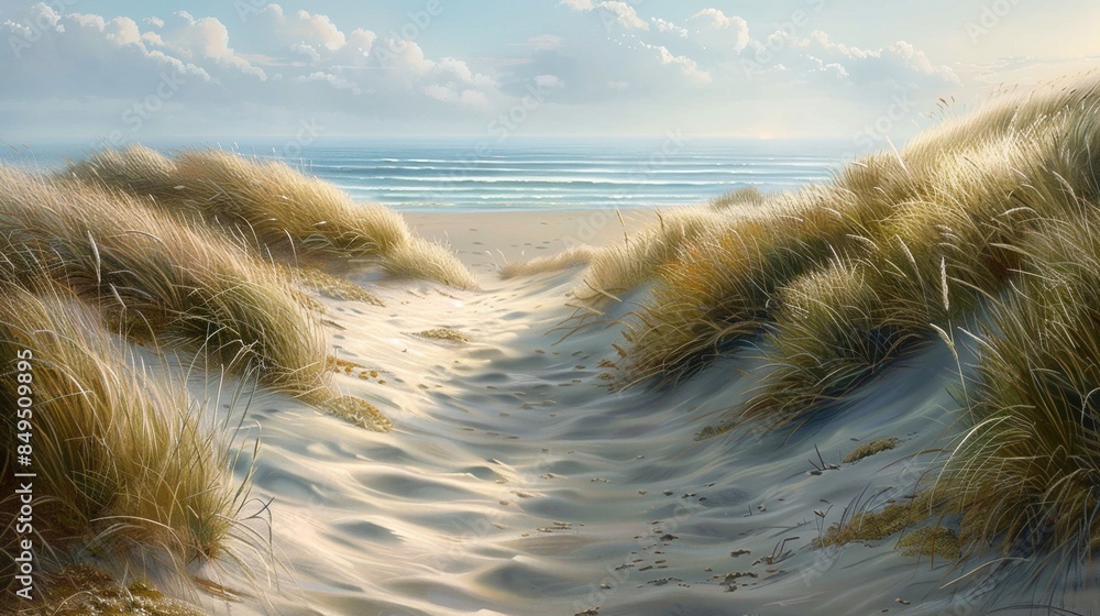 Walkway at sandy beach leading tropical sea with grass Walkway at sandy beach leading tropical sea with grass