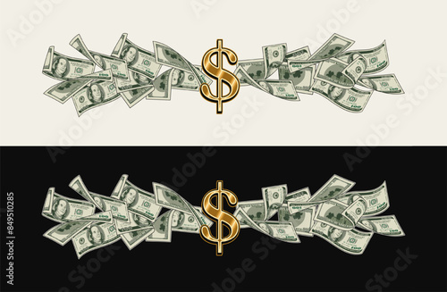 Money horizontal composition, banner with 100 dollar notes, banknotes, bills. Golden dollar sign in center. Illustration, design element in vintage style.