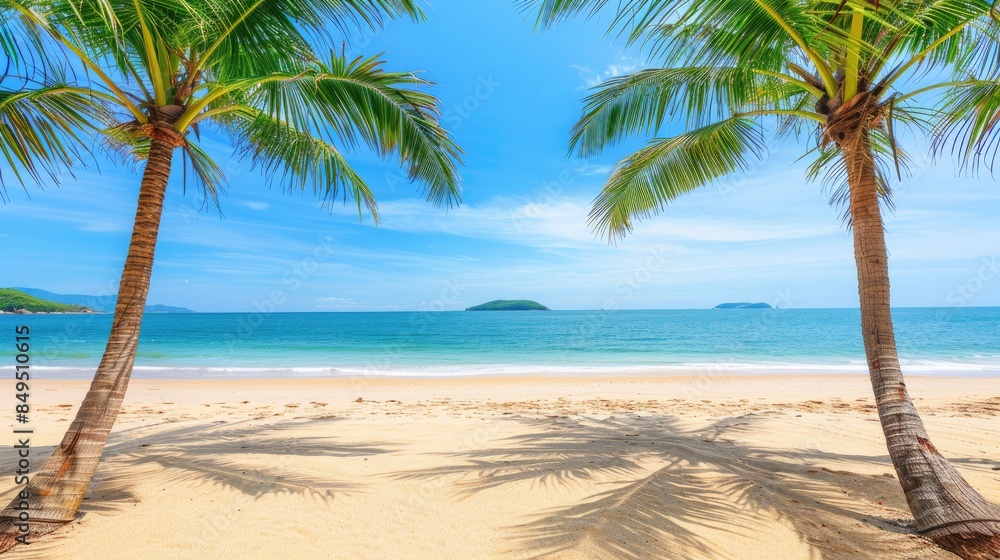 Obraz premium a tropical beach, complete with swaying palm trees, crystal-clear sea water, and pristine white sand, against a backdrop of endless blue sky