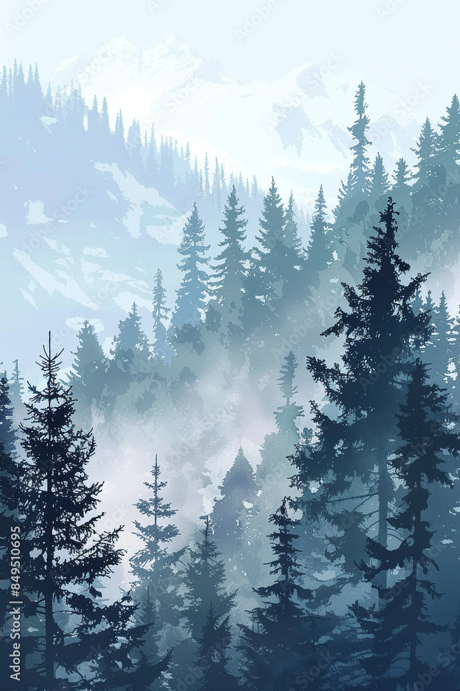Obraz premium Misty Montana Forest Frozen Landscape in Pacific Northwest, Vector Style Animation