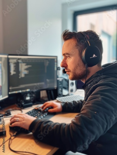 A man is working at a computer at his workplace in the office