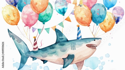 A watercolor painting of a shark wearing a party hat and surrounded by balloons. photo