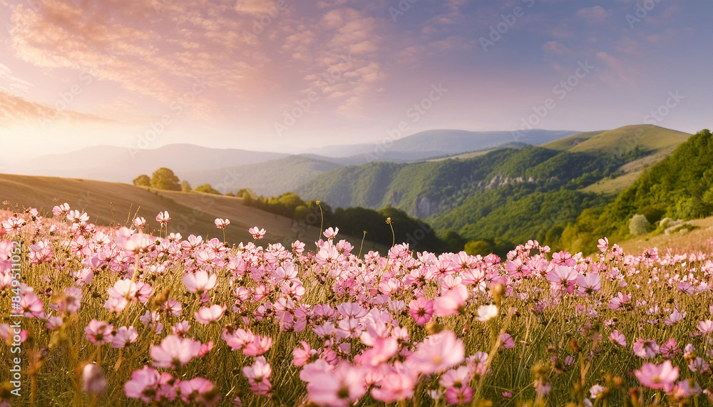 Fototapeta premium Field of pink spring or summer flowers with soft blurred background. Beautiful nature.