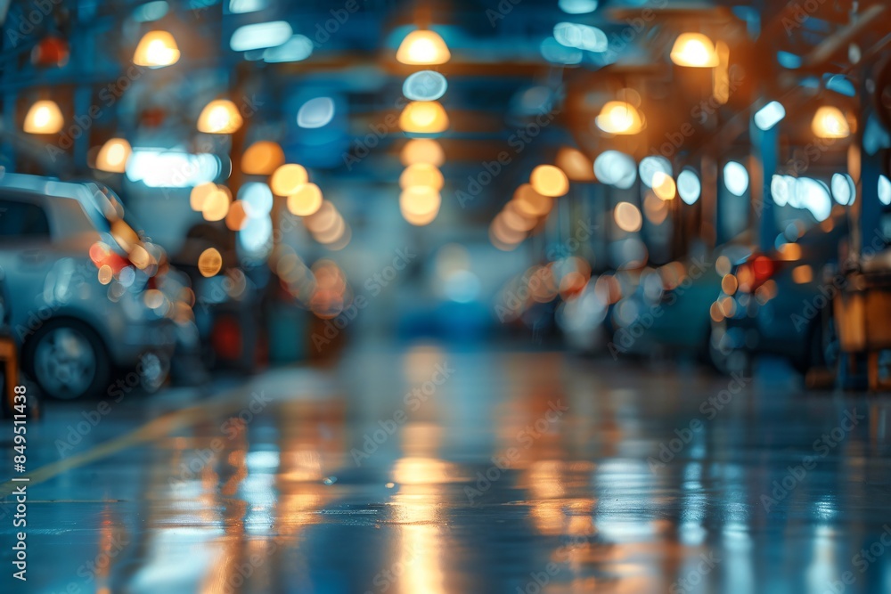 Fototapeta premium Blurry car garage with parked cars