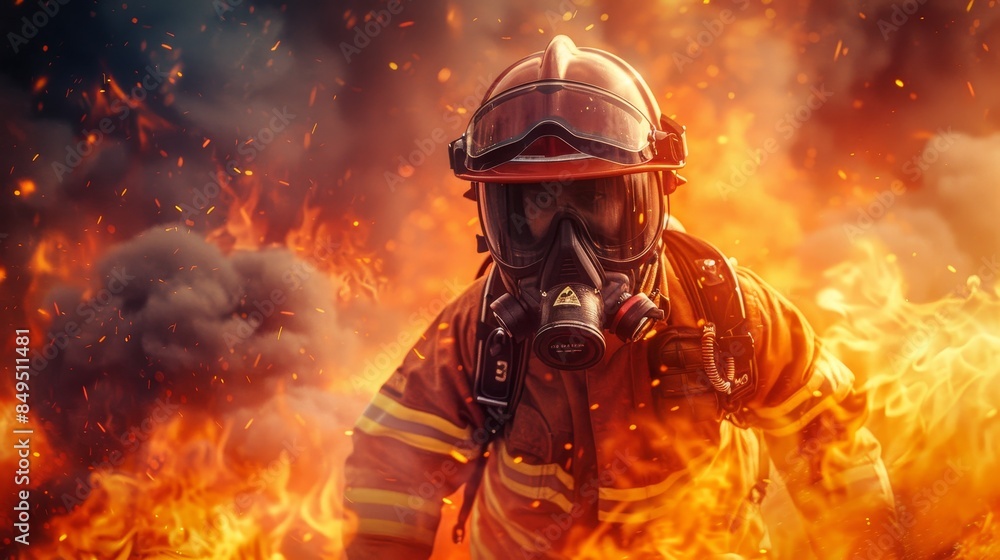 A fearless firefighter in action, surrounded by flames, full gear, powerful and heroic, with ample space for text or graphic elements A fearless firefighter in action, surrounded by flames, full gear, powerful and heroic, with ample space for text or graphic elements