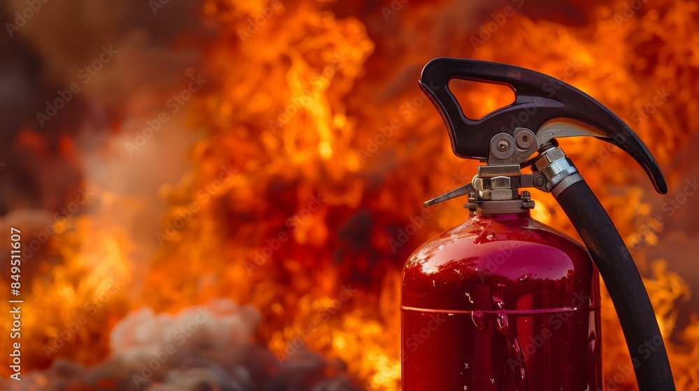 Obraz premium A fire extinguisher stands boldly against a backdrop of dramatic flames, representing safety and security measures
