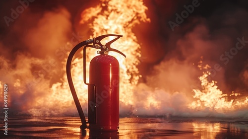 A sleek red fire extinguisher stands tall, glowing against a fierce blaze backdrop, capturing the essence of safety measures in emergencies