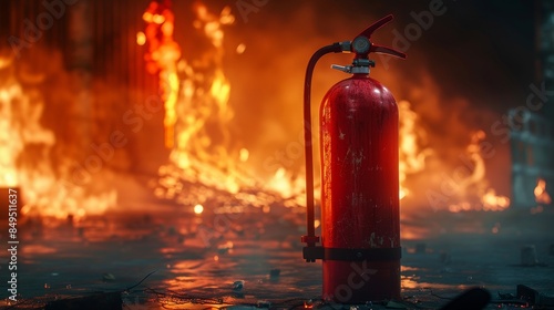 A sleek red fire extinguisher stands tall, glowing against a fierce blaze backdrop, capturing the essence of safety measures in emergencies