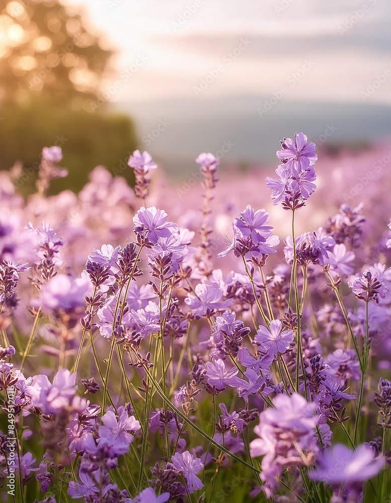 Naklejka premium Field of purple spring or summer flowers with soft blurred background. Beautiful nature.