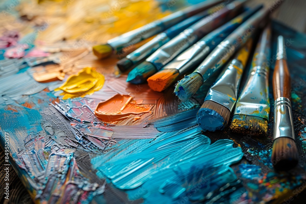 Fototapeta premium Various paintbrushes on colorful palette