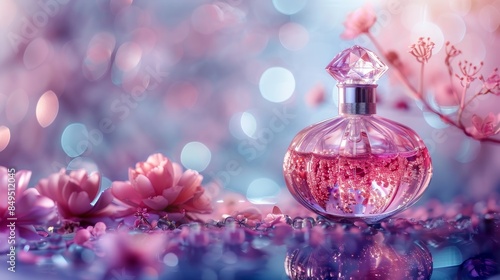 Artistic close-up of a perfume bottle emitting floral fragrance, set against a stunning, isolated background with studio lighting