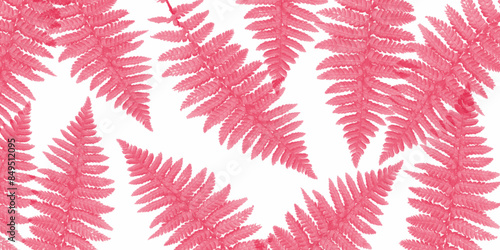 Floral Leaves Fashion Concept. Fern Tropical Leaf. Vivid Design. Art Gallery.  Pink fern leaves on a bright white background. Drugs and hallucinations. banner or advertising poster. 