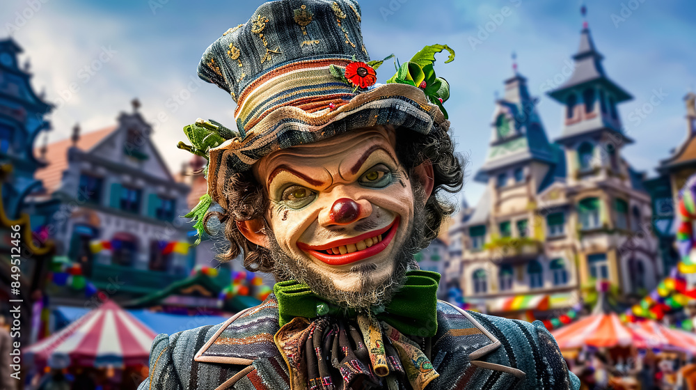 Fototapeta premium Smiling street performer in colorful carnival clown outfit at fairground. Carnival illustration.