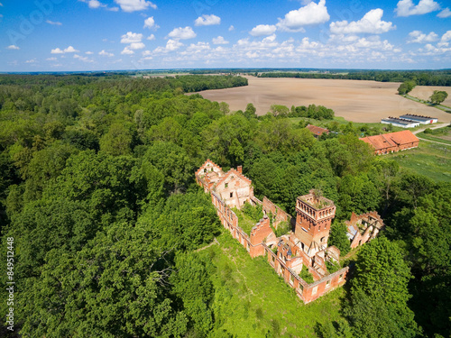 Aerial view of ruins of the von Eulenburg family palace in Prosna, Poland (former Prassen, East Prussia)