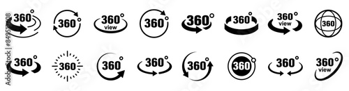 360 degrees arrow, rotate around set icon. Circle signs vertical, horizontal and diagonal view with arrows rotation to 360 degrees. Virtual reality. Rotate cycle, circular moving symbol. EPS 10