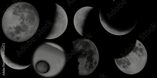 Moon phases. Vector illustration. Set of different moon phases isolated on black background. Set of different moon phases isolated on black background. 