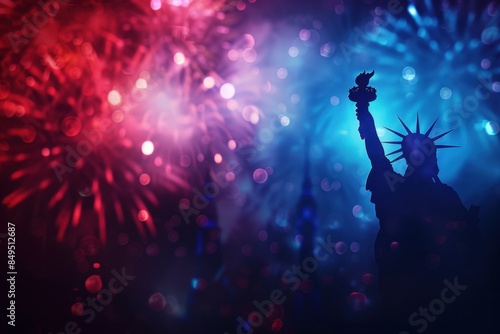 4th of July, USA National Day background with blurred red, white and blue color stripes, fireworks in the sky and a statue of liberty silhouette on the right side, blurred Generative AI