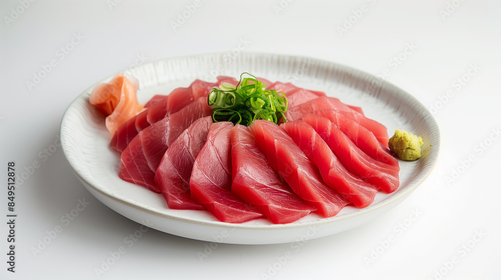 Thin Slices of Sashimi-Grade Tuna Fanned Out on White Plate Thin Slices of Sashimi-Grade Tuna Fanned Out on White Plate