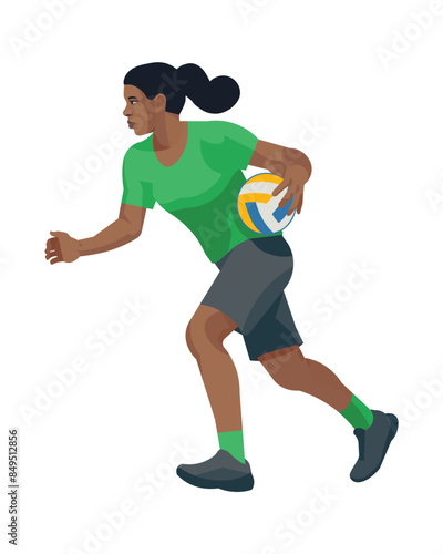 African professional women's volleyball girl player in profile in a green T-shirt running with a ball in one hand