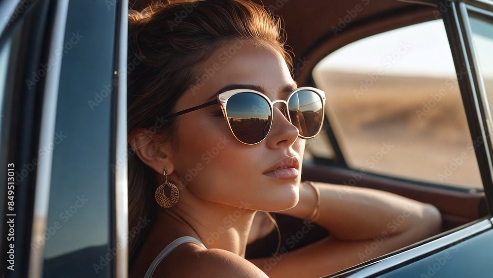 Naklejka premium Lovely woman sporting sunglasses seated in a car