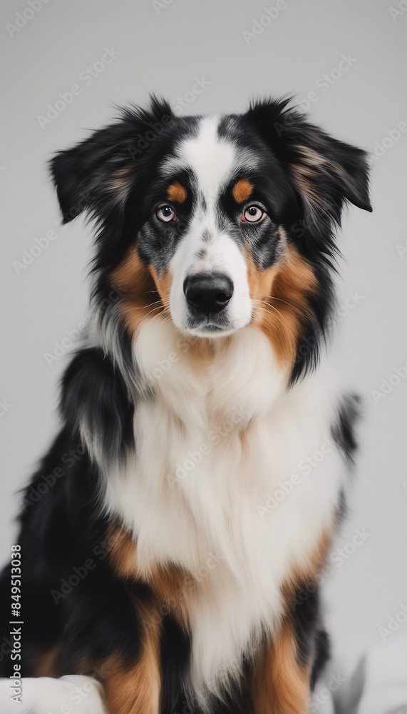 Angry Panting Tricolor Australian Shepherd on White Background Angry Panting Tricolor Australian Shepherd on White Background