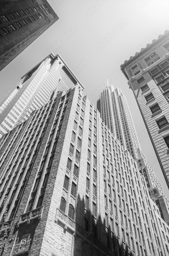 Fototapeta premium Looking up at New York City skyscrapers, USA.