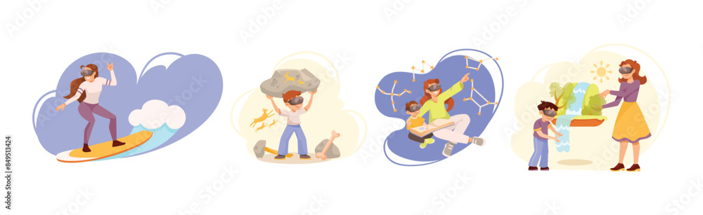 Adults and Children in Augmented Reality Glasses Vector Set Adults and Children in Augmented Reality Glasses Vector Set
