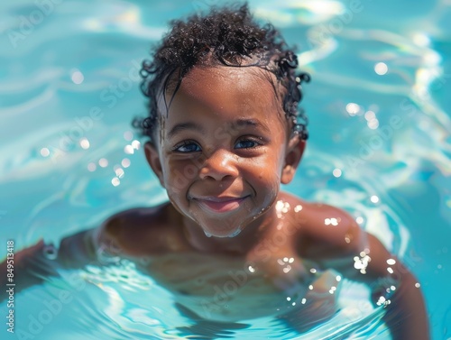 Happy young black toddler learning to swim in pool on summer vacation. African american child swimming in clear blue water. Schools out concept