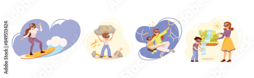 Adults and Children in Augmented Reality Glasses Vector Set