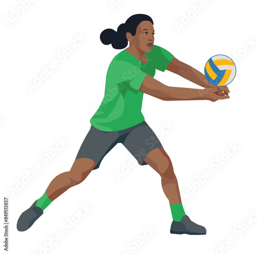 South African professional women's volleyball girl player in a green T-shirt who bumps the ball with hands