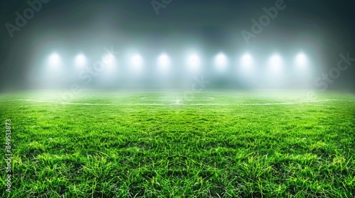 a soccer stadium field with bright lights illuminating the lush green grass, creating a dynamic design element perfect for a football or soccer poster, banner, flyer, card, invitation, cover